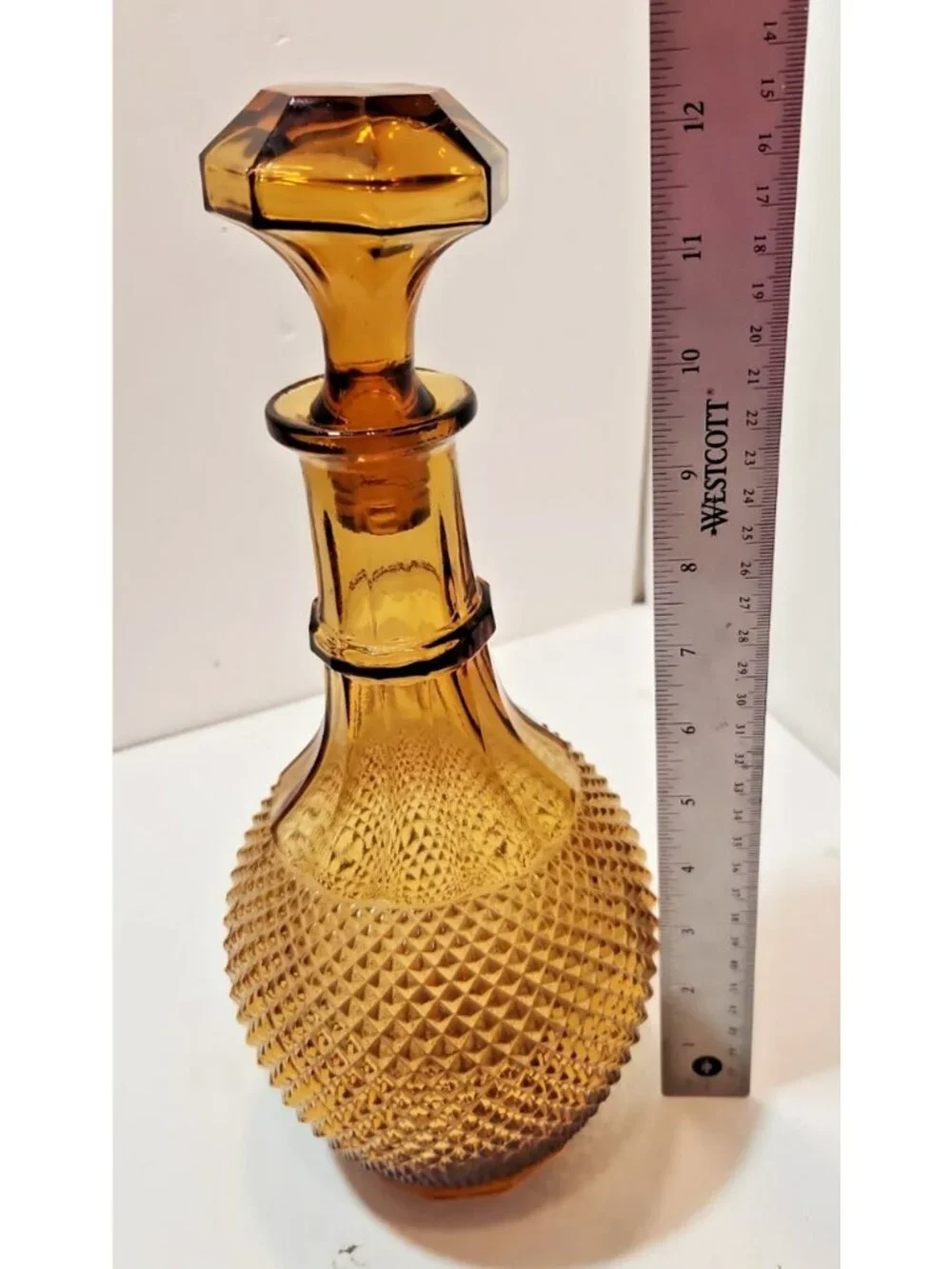 Vintage 1960's Amber Colored Hobnail Glass Wine/Liquor Decanter Bottle w/Stopper